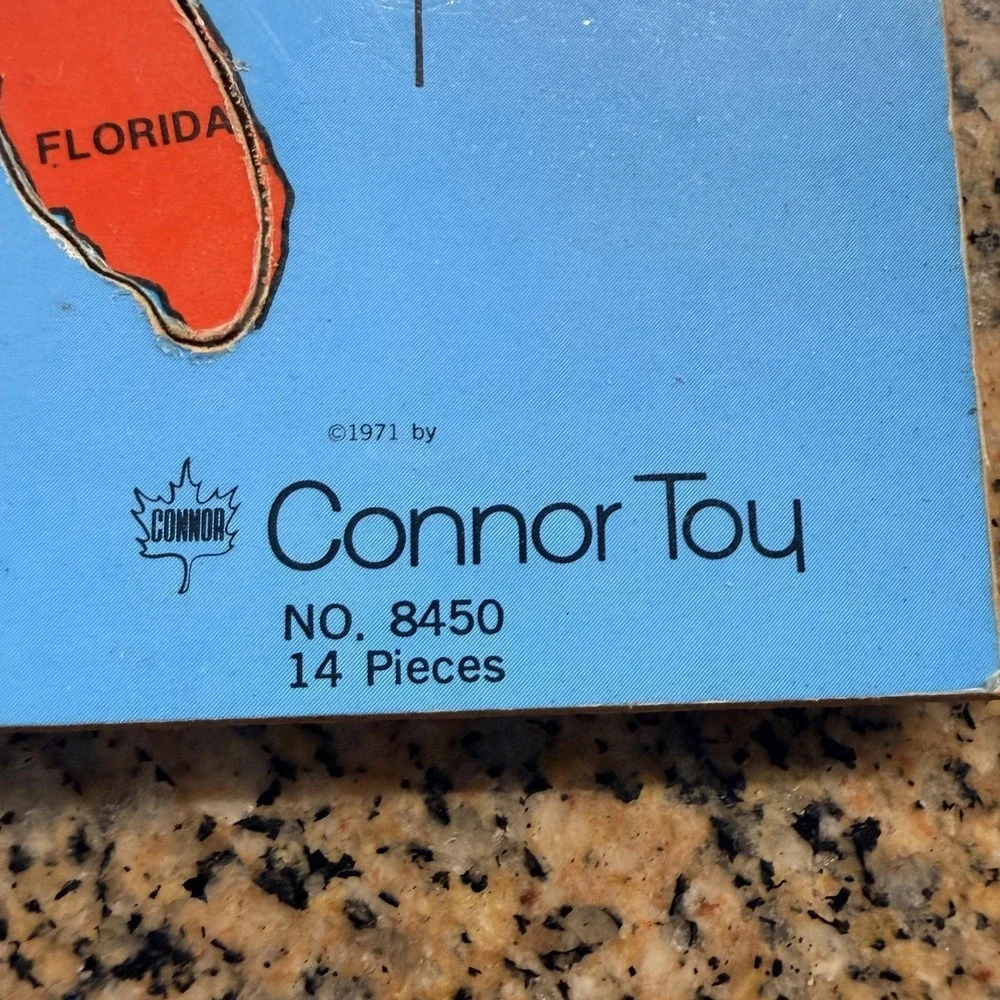Vintage 1971 Connor Toy United States Map Wood Tray Puzzle 14 Piece Multicolor